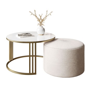 Couchtisch mit Hocker LORI GLASS gebürstetes Gold