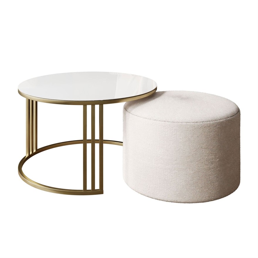 Couchtisch mit Hocker LORI GLASS gebürstetes Gold