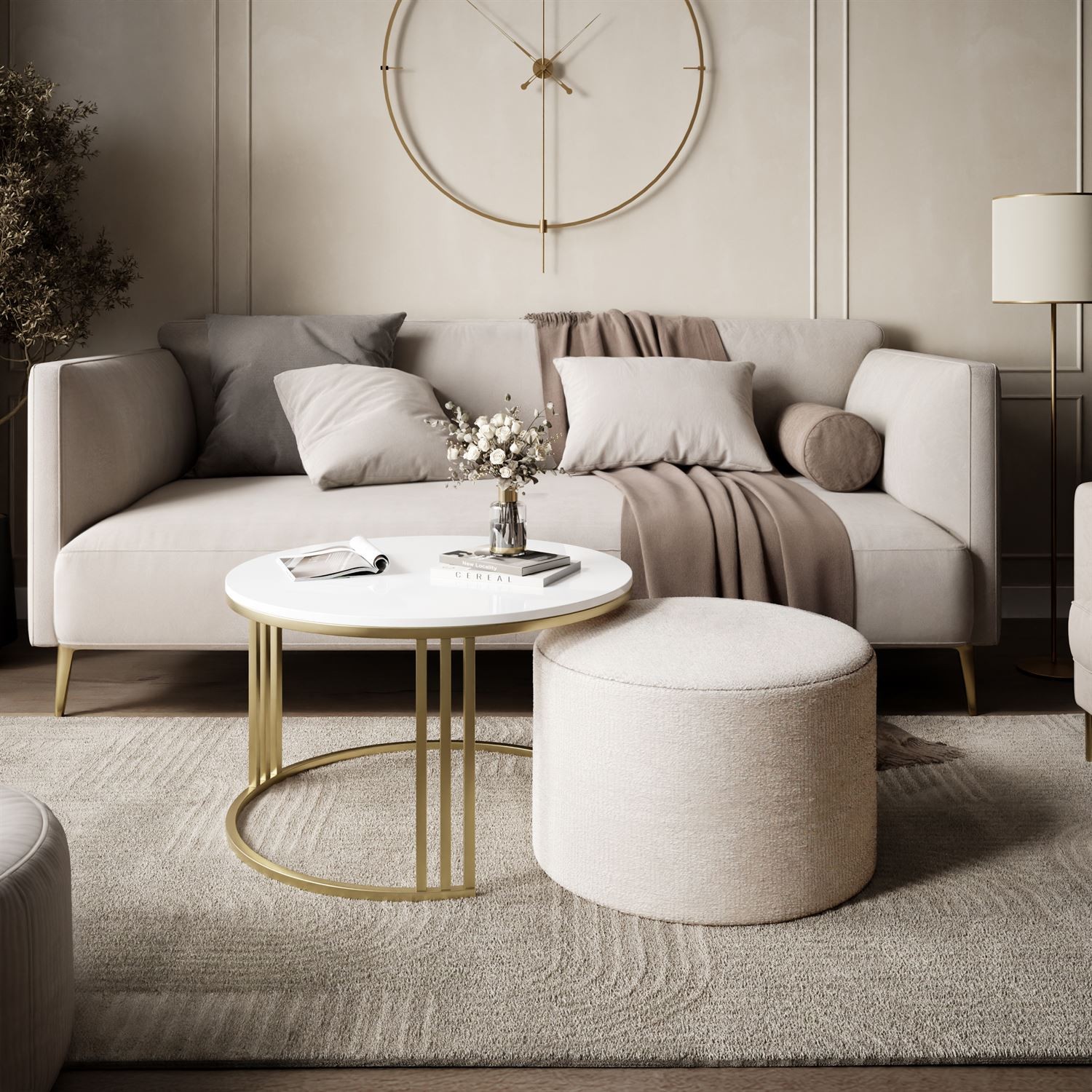 Couchtisch mit Hocker LORI Hochglanz Gold gebürstet