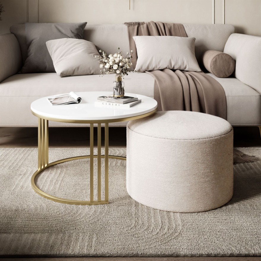 Couchtisch mit Hocker LORI Hochglanz Gold gebürstet