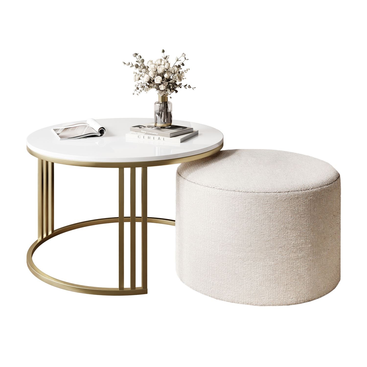 Couchtisch mit Hocker LORI Hochglanz Gold gebürstet