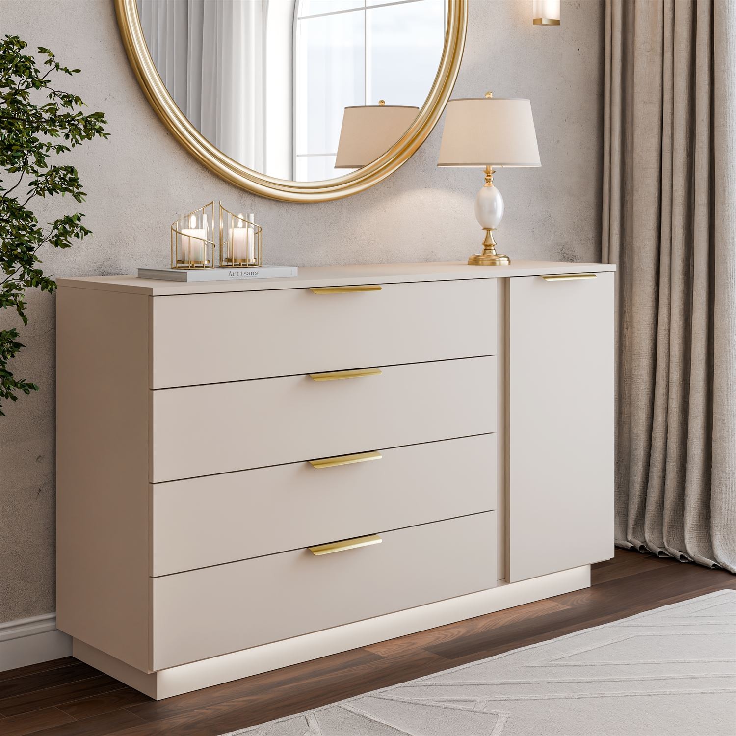 Kommode LINA KASCHMIR 1D4S mit LED-Beleuchtung auf Sockel