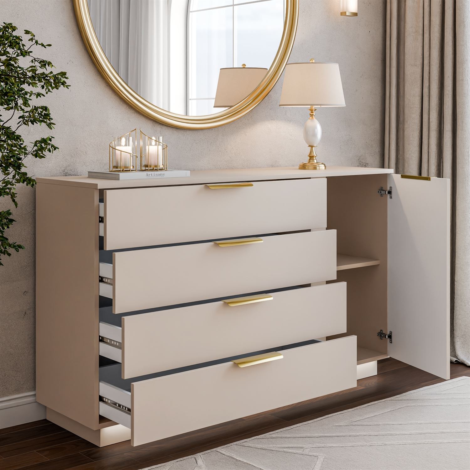 Kommode LINA KASCHMIR 1D4S mit LED-Beleuchtung auf Sockel