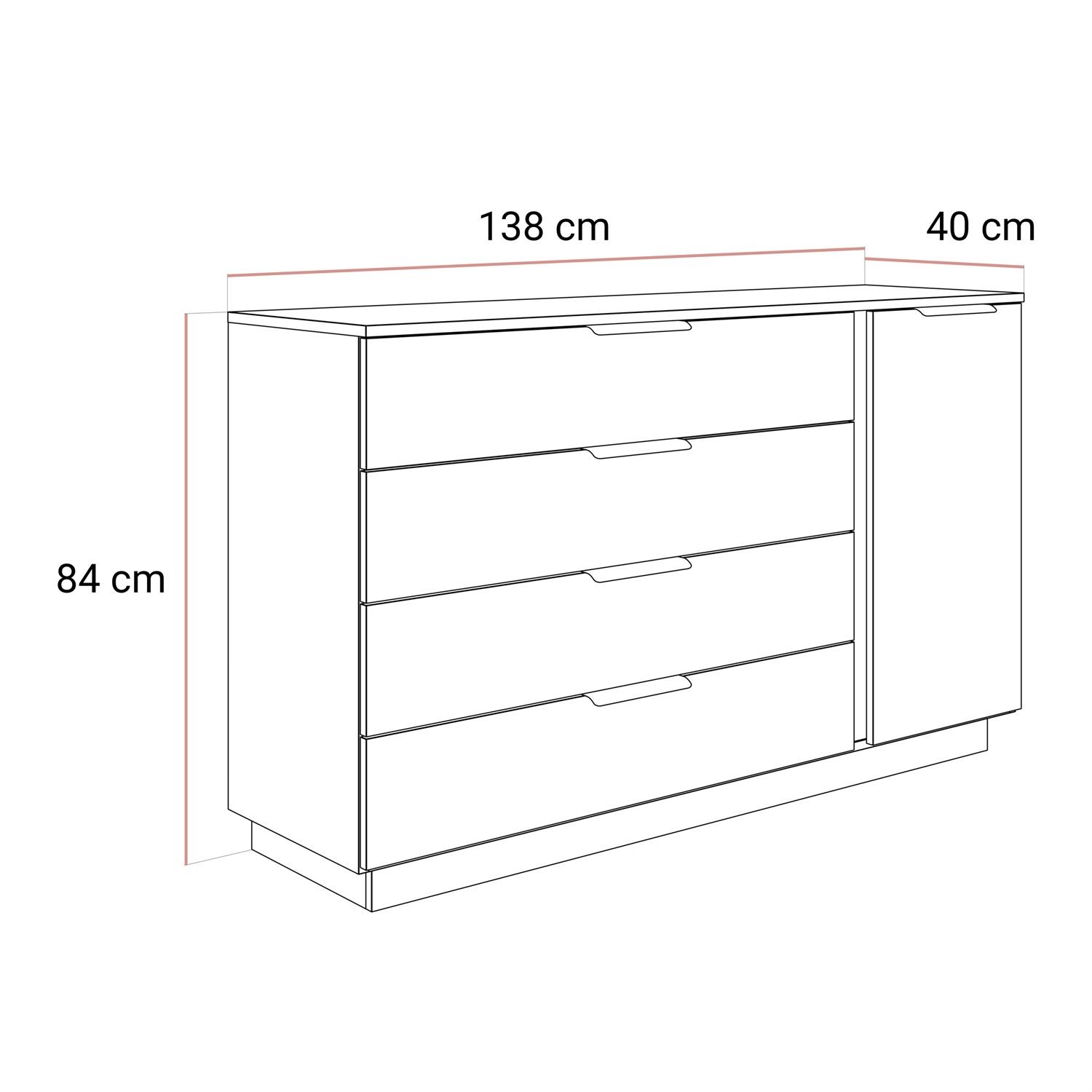Kommode LINA KASCHMIR 1D4S mit LED-Beleuchtung auf Sockel