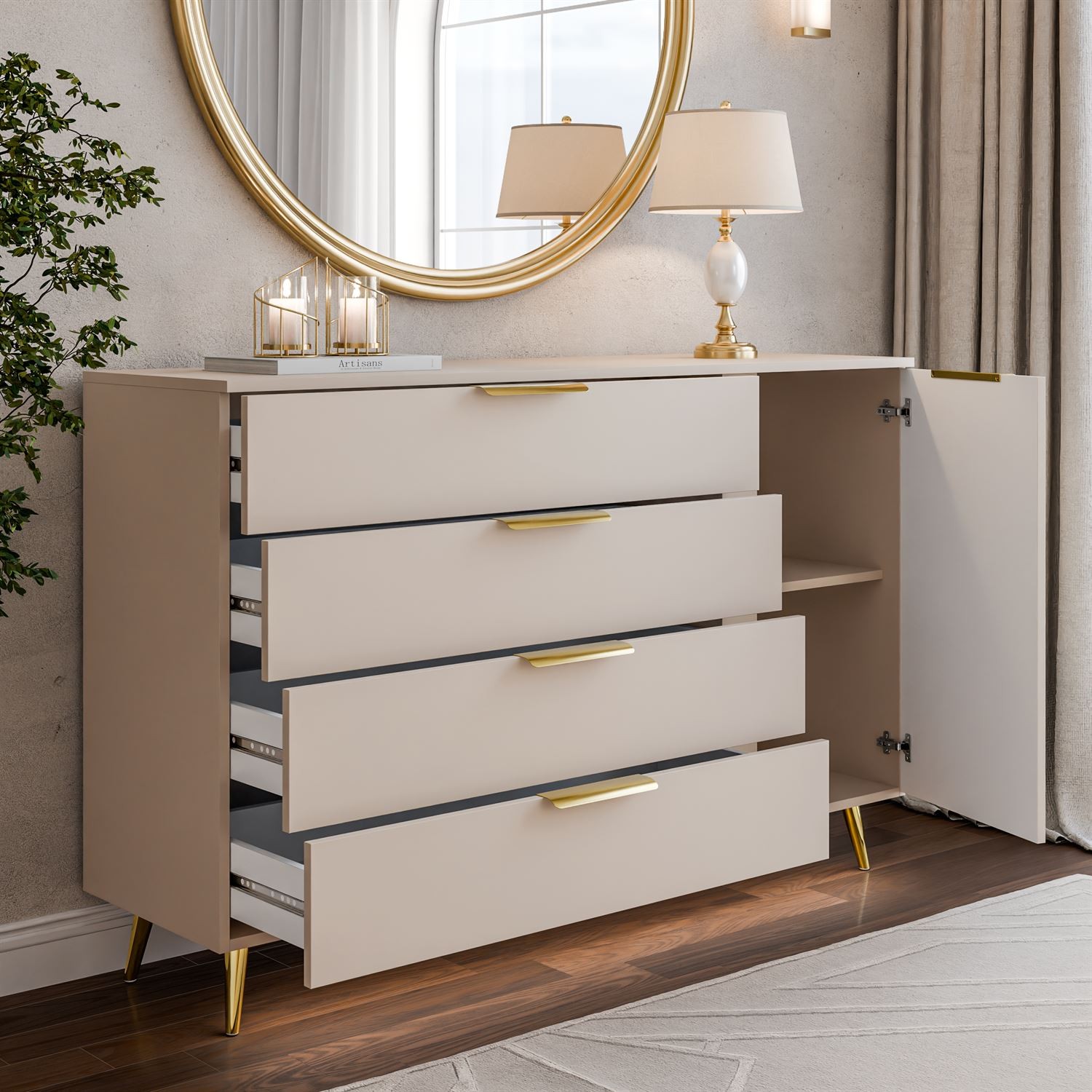 Kommode LINA KASCHMIR 1D4S auf hohen Beinen