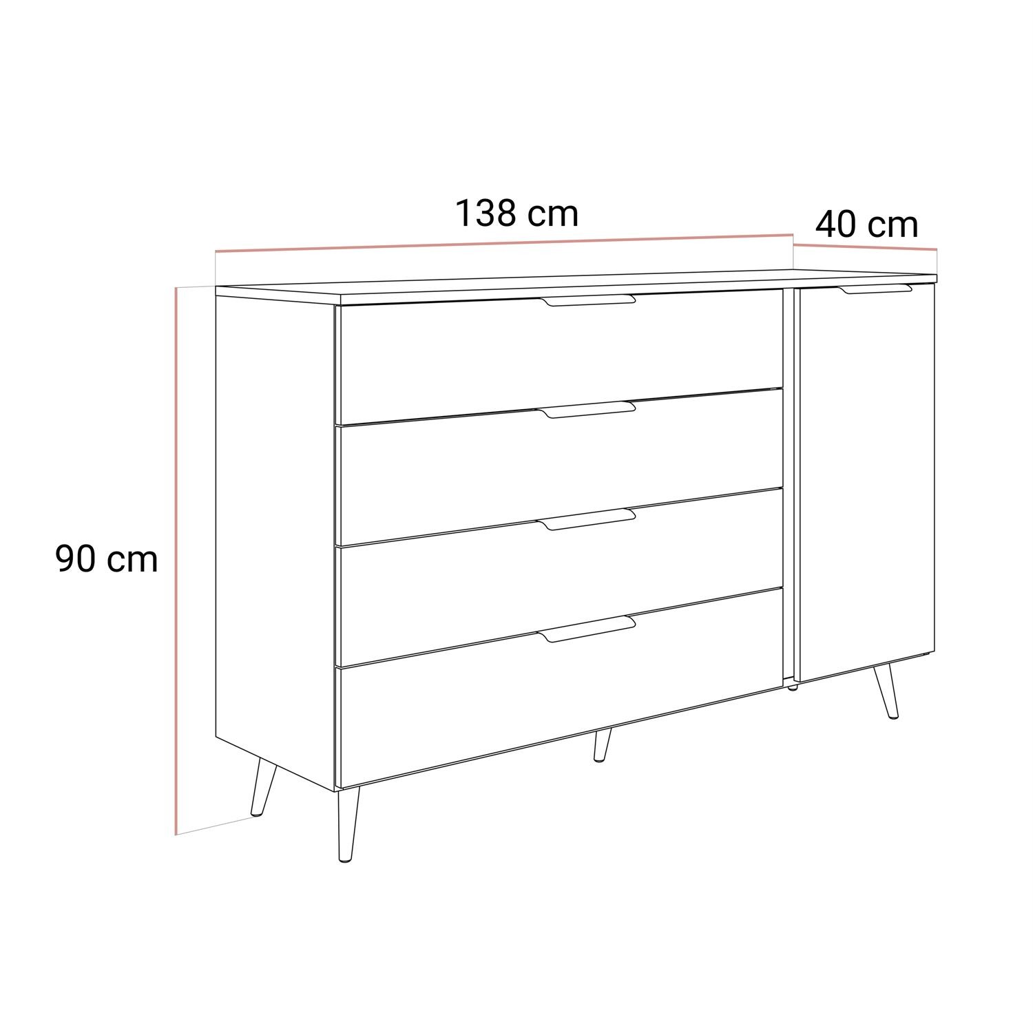 Kommode LINA KASCHMIR 1D4S auf hohen Beinen