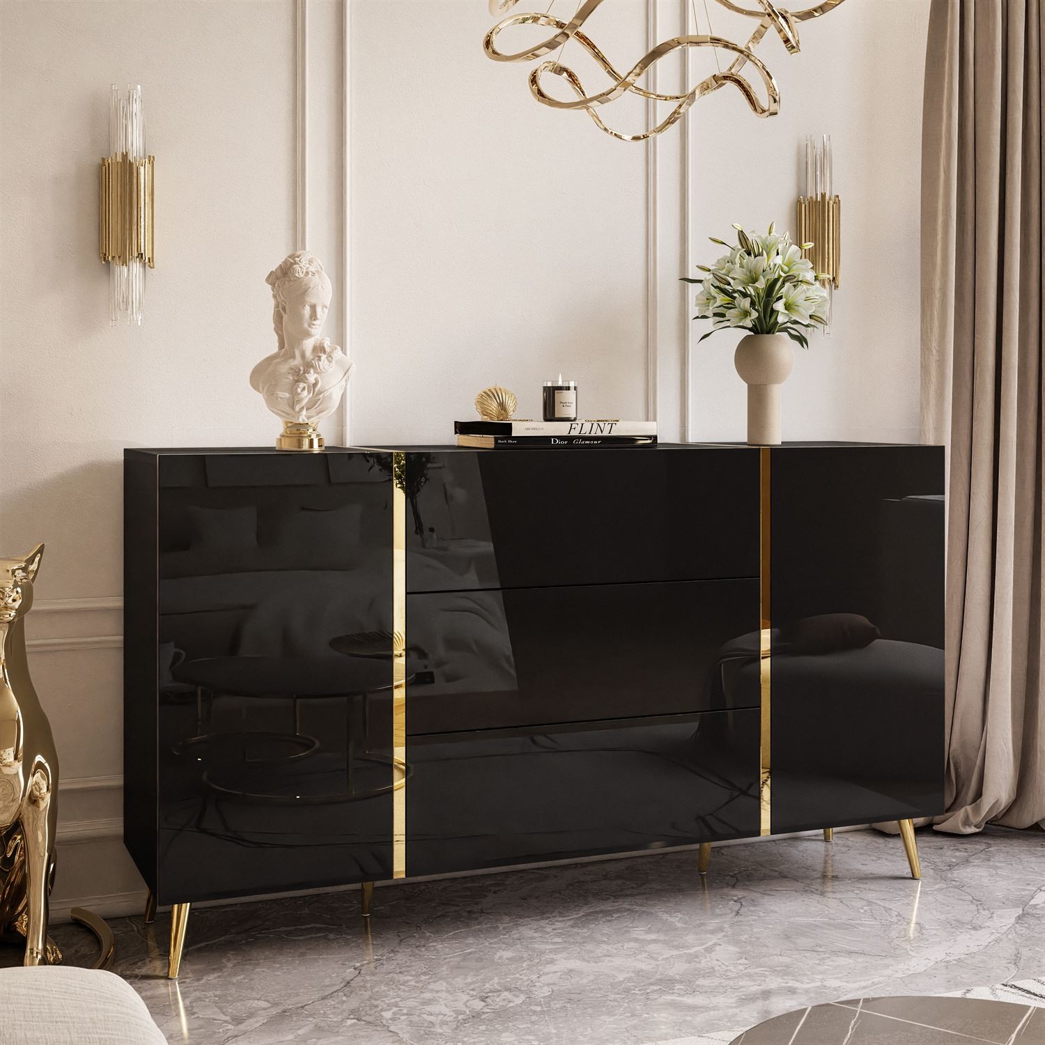 Kommode mit Schubladen ONYX auf goldenen Beinen Hochglanz 158 cm