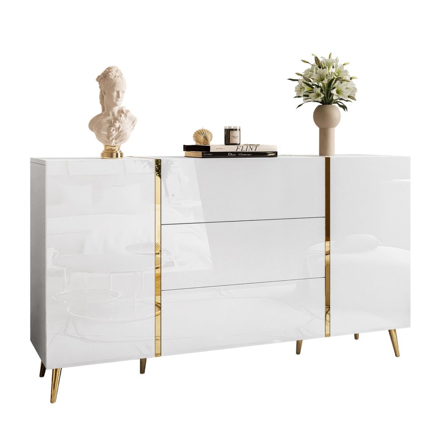 Kommode mit Schubladen ONYX auf goldenen Beinen Hochglanz 158 cm