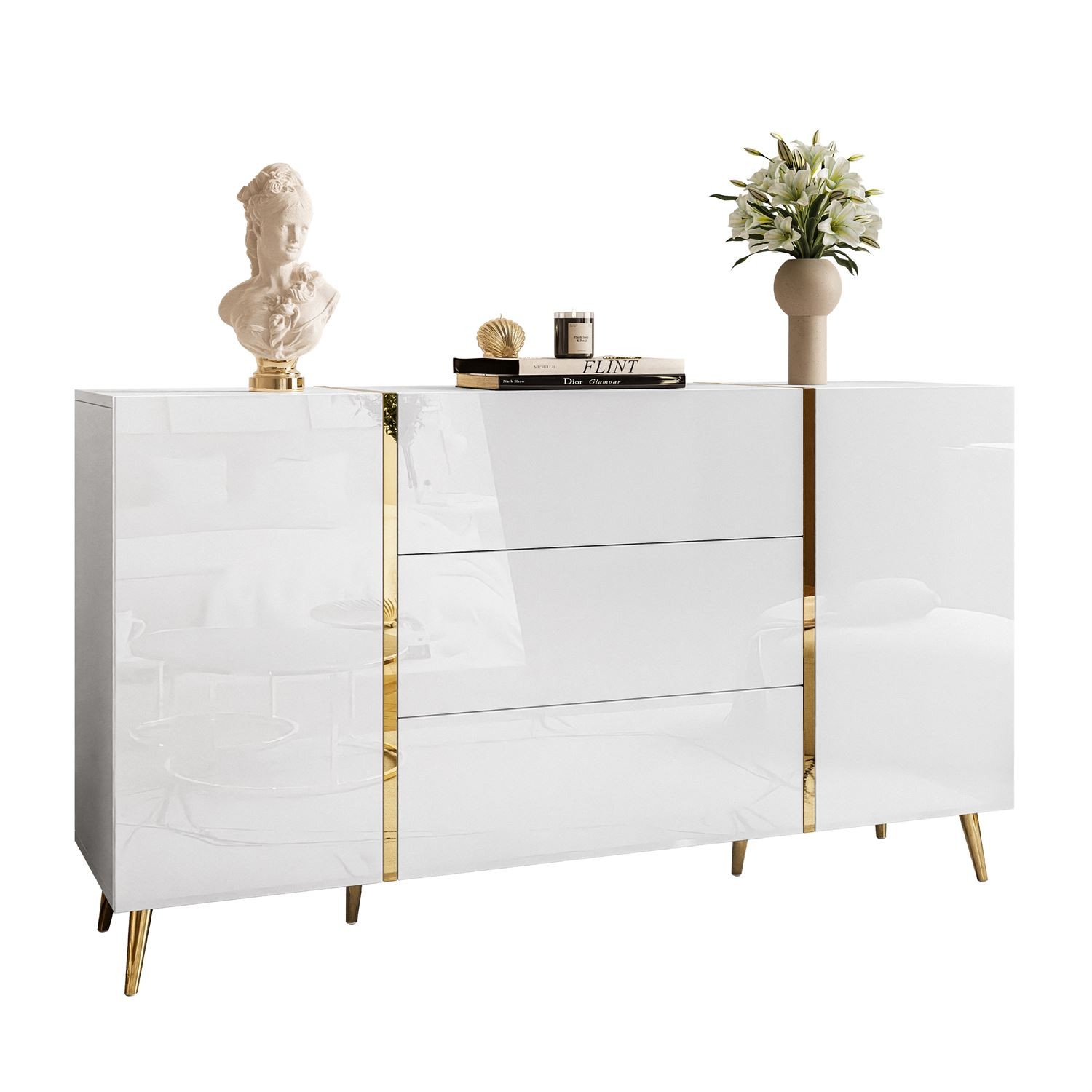 Kommode mit Schubladen ONYX auf goldenen Beinen Hochglanz 158 cm