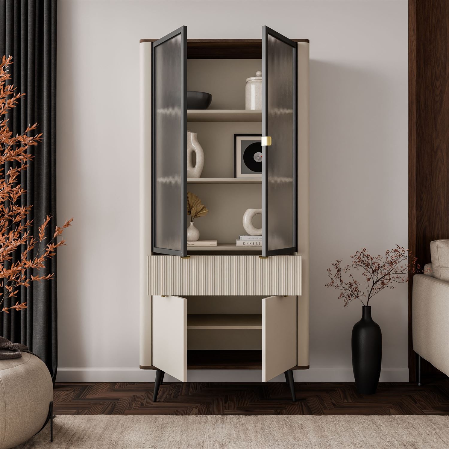 Breite Vitrine AUTUMN 2D2W1S mit Schublade