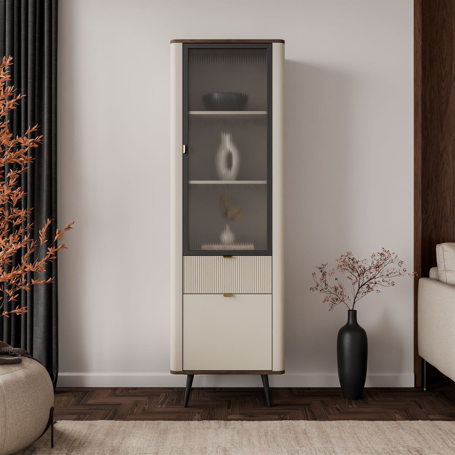 Schmale Vitrine AUTUMN 1D1S1W mit Schublade