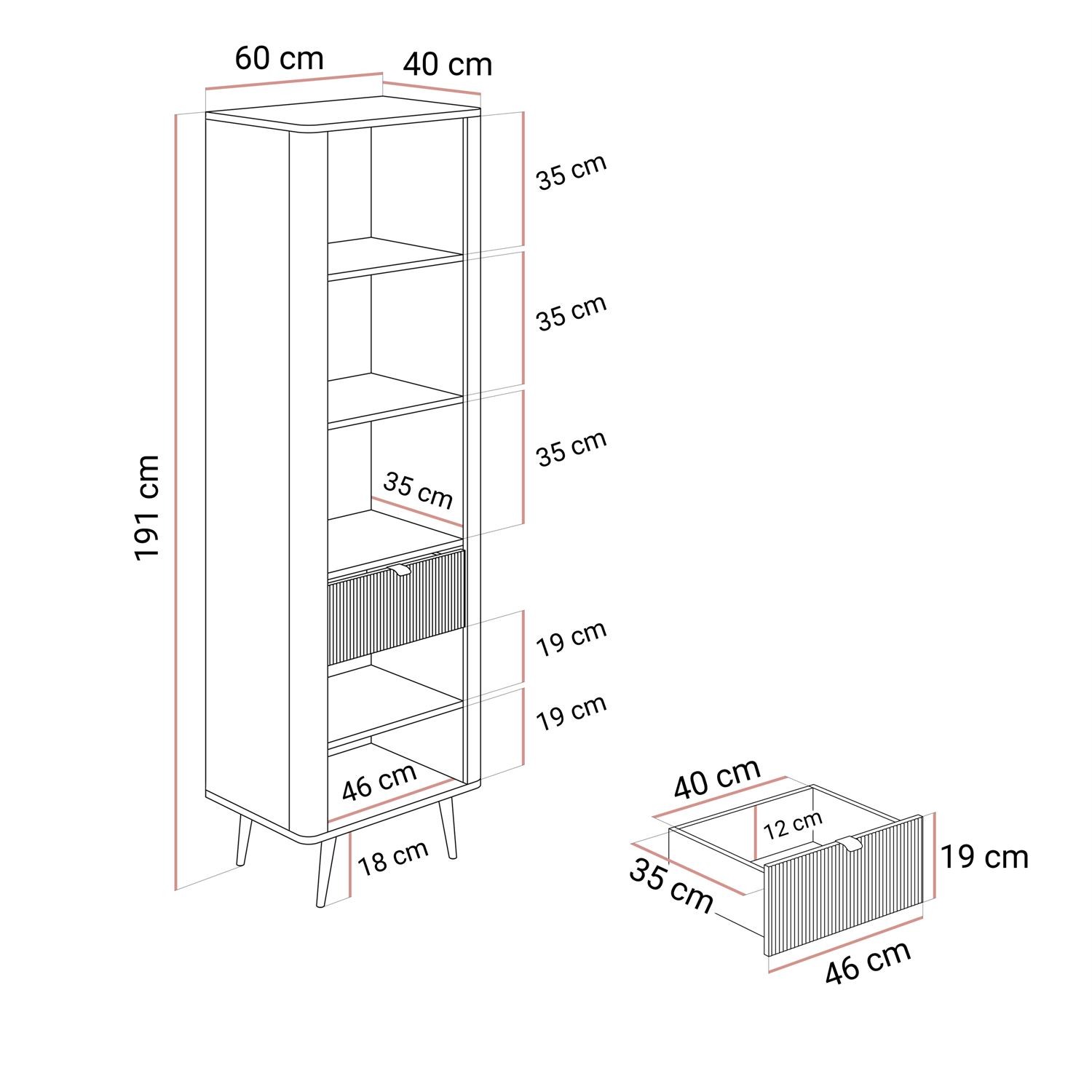 Schmale Vitrine AUTUMN 1D1S1W mit Schublade