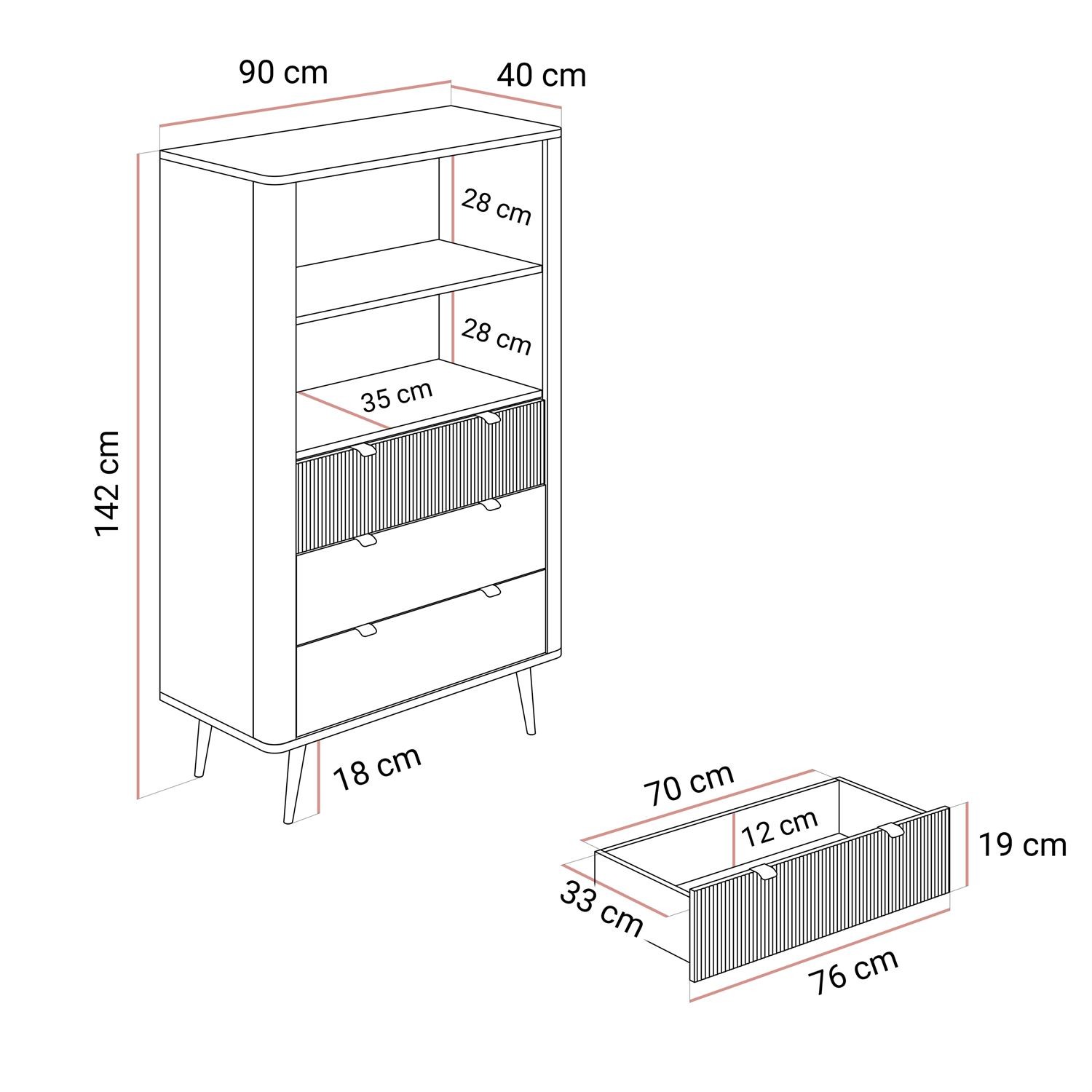 Kommode mit Schubladen AUTUMN 2D3S mit geriffelter Front