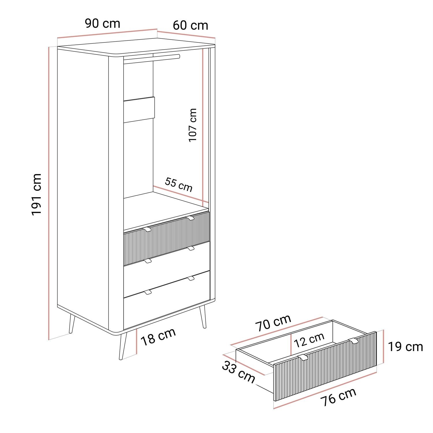 Zweitüriger Kleiderschrank AUTUMN 2D3S mit Schubladen