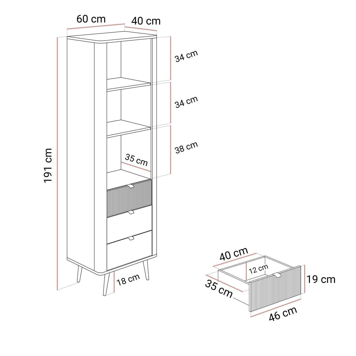 Schmales Regal AUTUMN 1D3S mit Schubladen