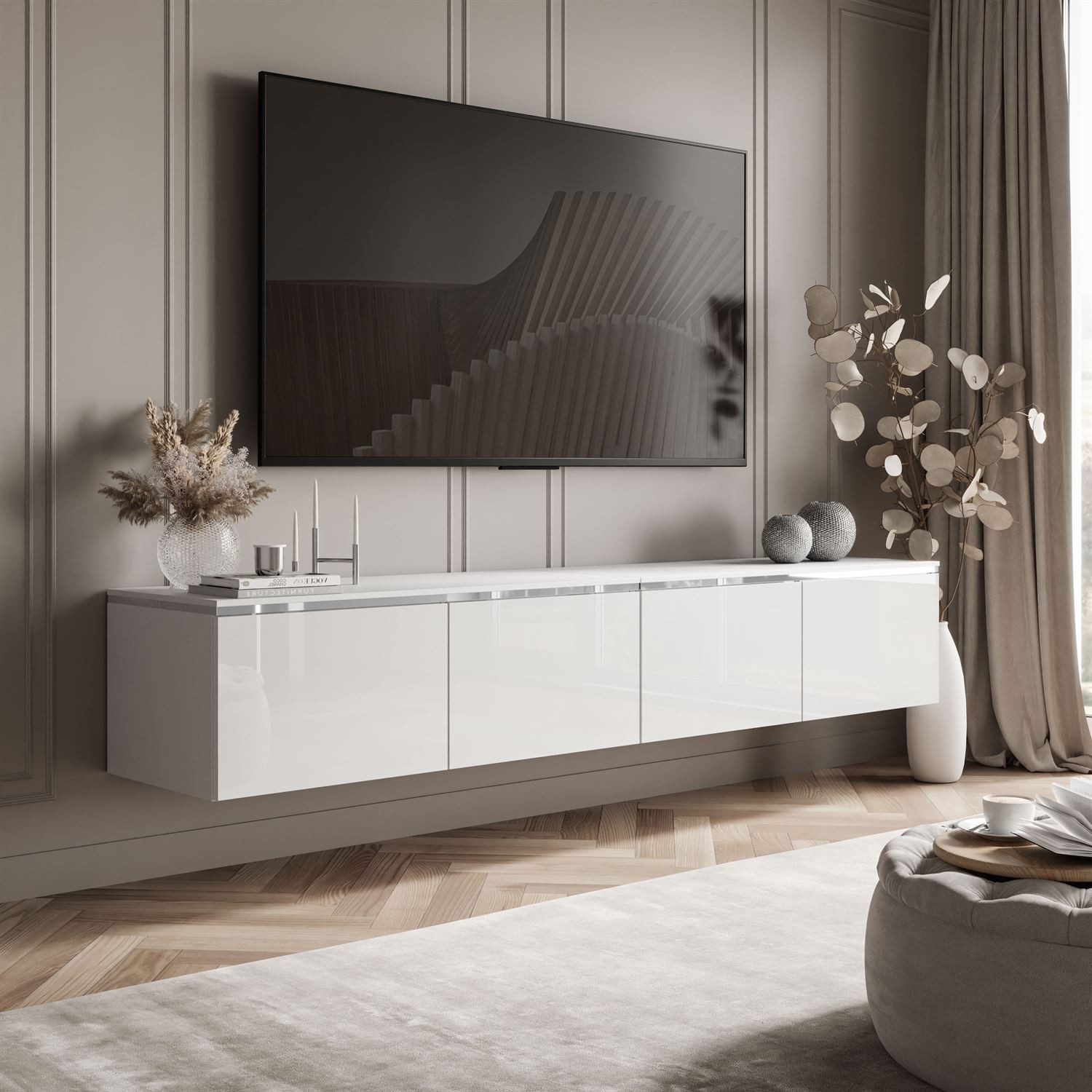 Hängender TV-Schrank CELINE GLOSS SILVER 200 cm mit LED-Beleuchtung