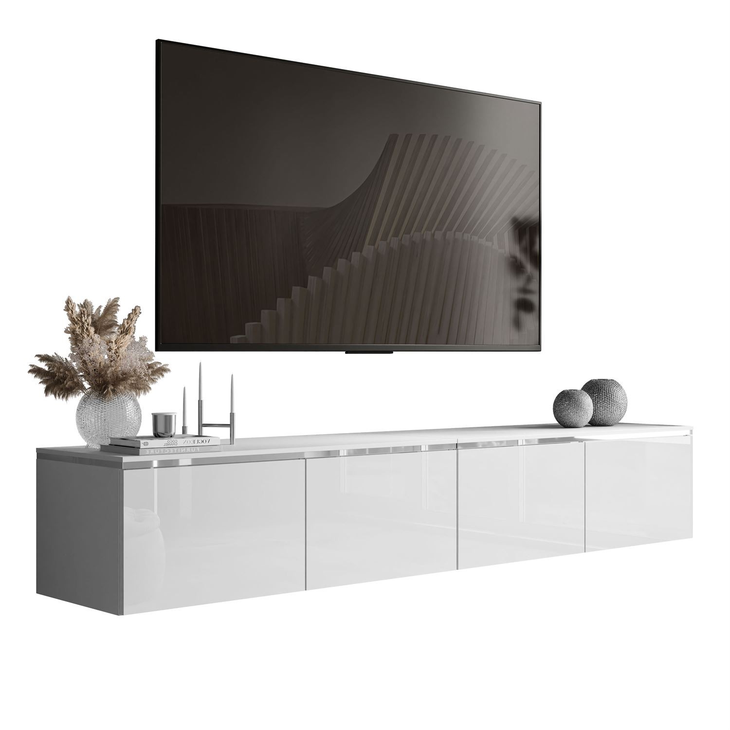 Hängender TV-Schrank CELINE GLOSS SILVER 200 cm mit LED-Beleuchtung