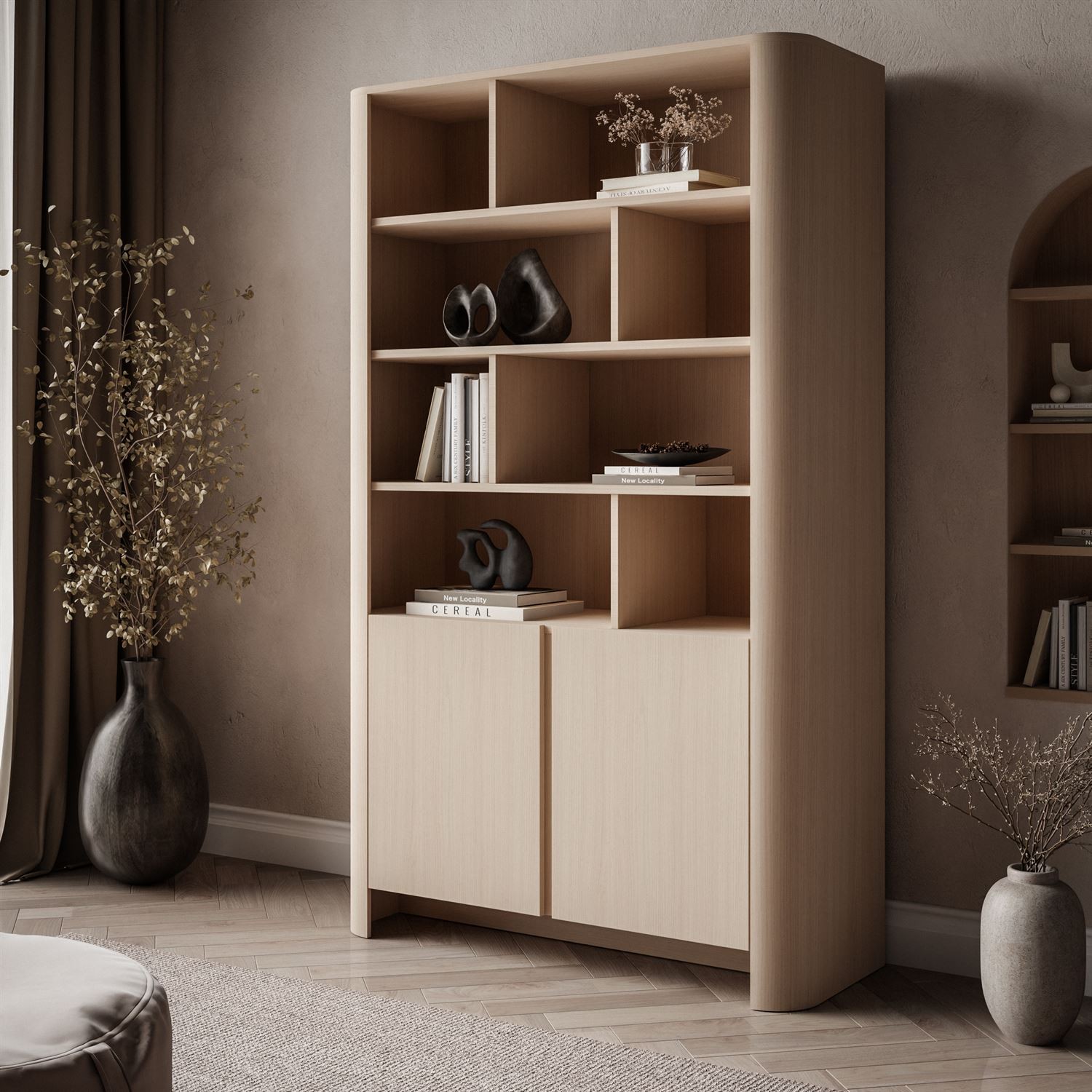 Zweitüriges Regal DESTINY Eiche Vicenza mit offenen Regalböden