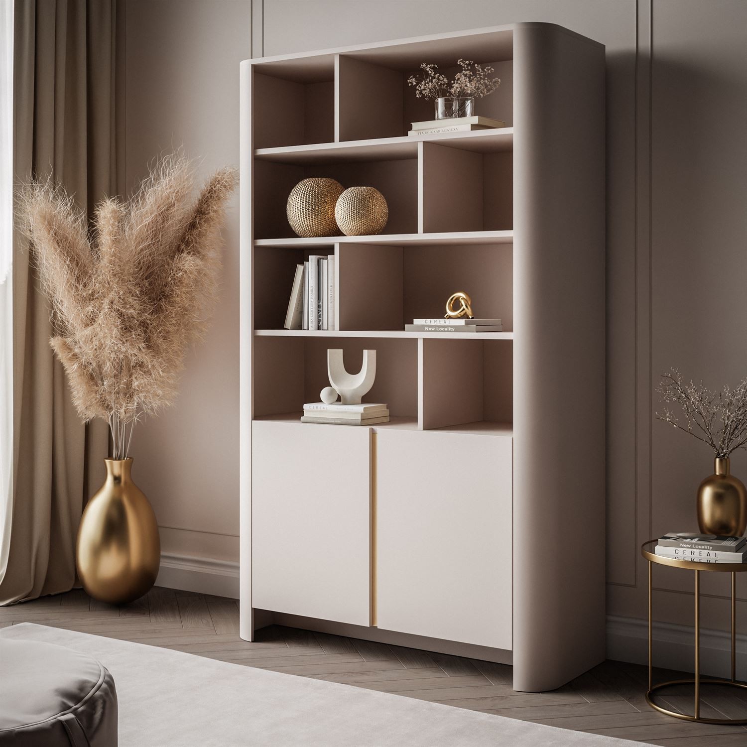 Zweitüriges Regal DESTINY Kaschmir mit offenen Regalböden