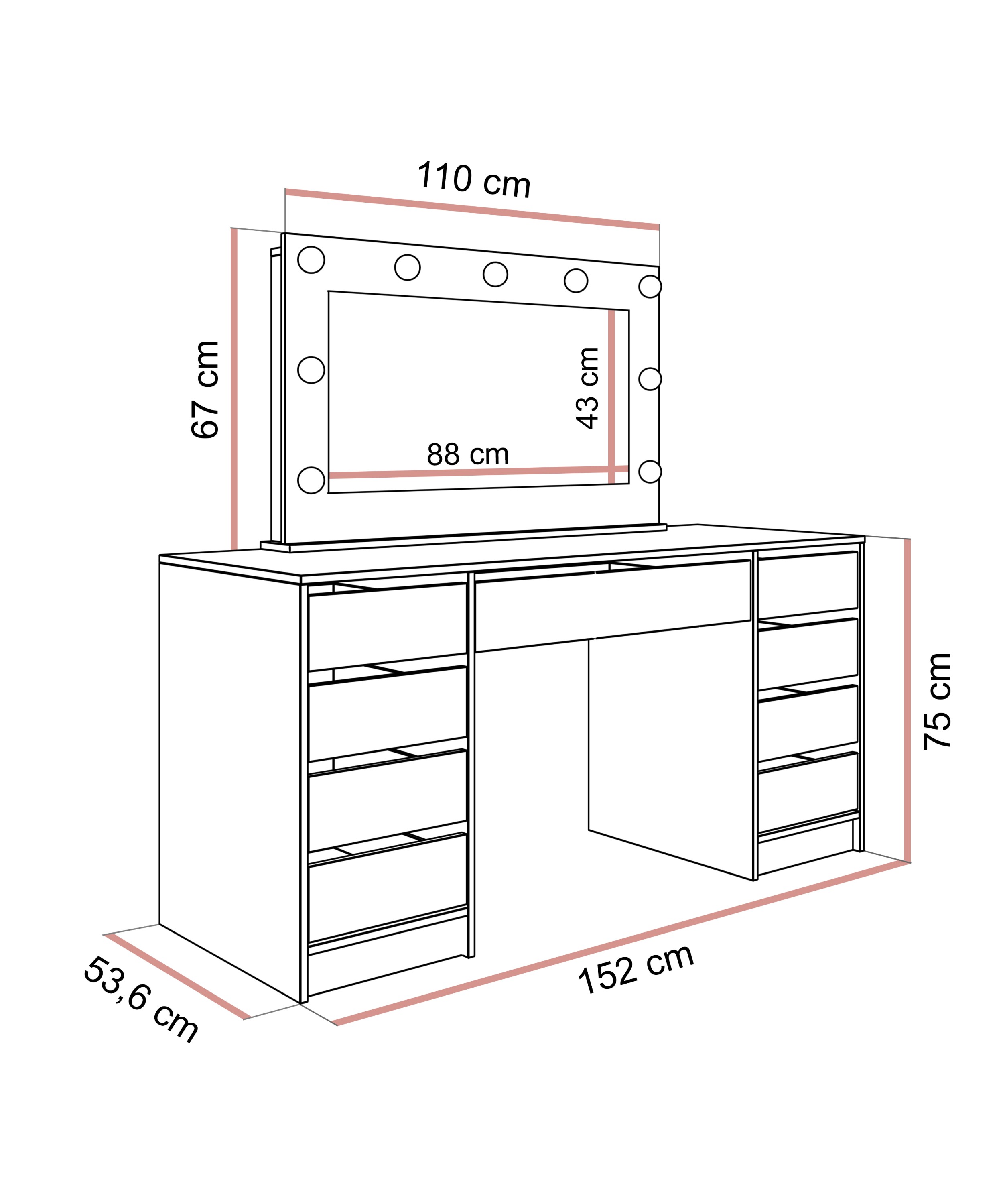 Schminktisch MADA DOUBLE mit LED-Beleuchtung