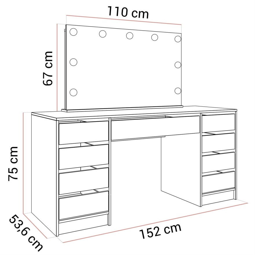 Schminktisch MADA DOUBLE ELITE mit Spiegel und Beleuchtung