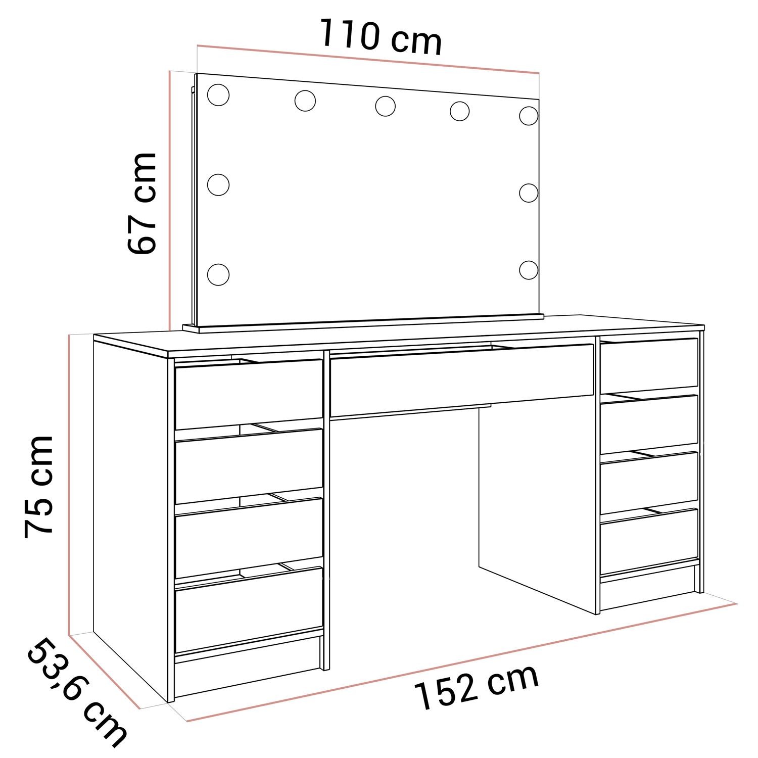 Schminktisch MADA DOUBLE ELITE mit Spiegel und Beleuchtung