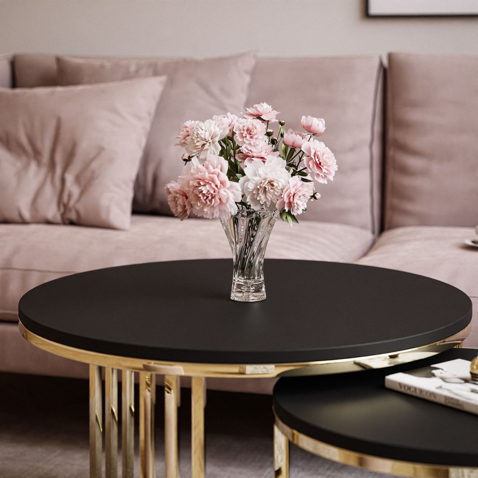 Runder Couchtisch 2in1 LORI Gold Chrom Schwarz Matt