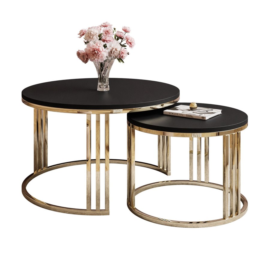 Runder Couchtisch 2in1 LORI Gold Chrom Schwarz Matt