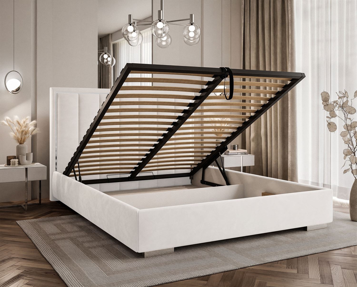 Polsterbett AURELIA SILVER mit Bettkasten und Metallgestell