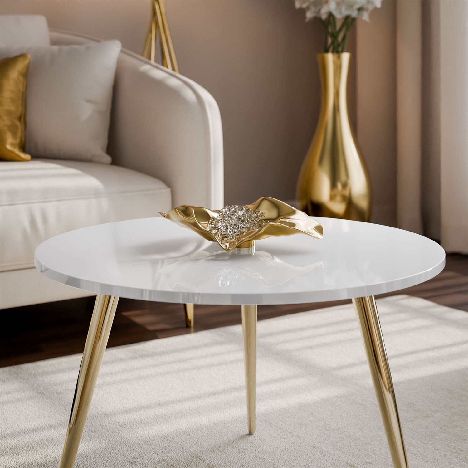 Runder, glänzender Couchtisch SOLEIL II auf goldenen Beinen