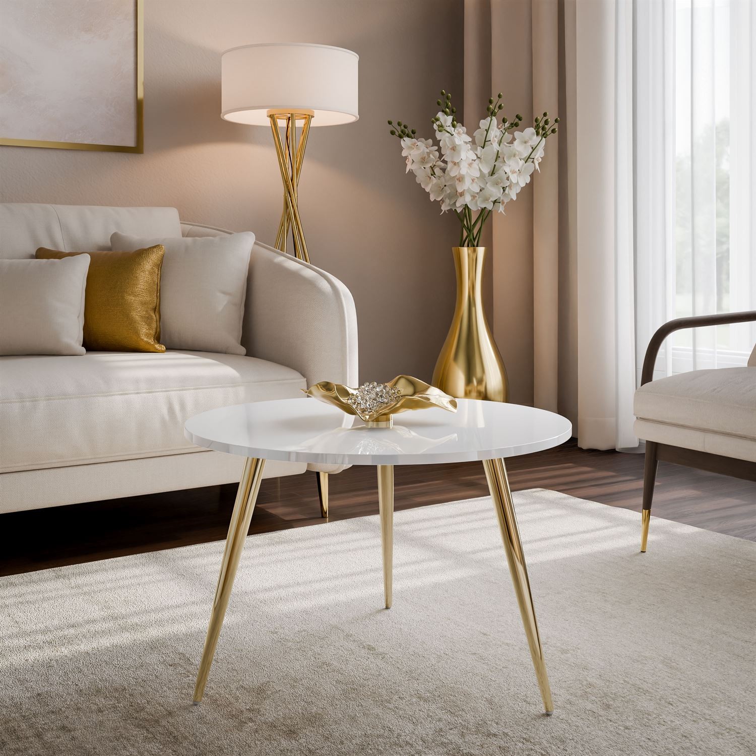 Runder, glänzender Couchtisch SOLEIL II auf goldenen Beinen