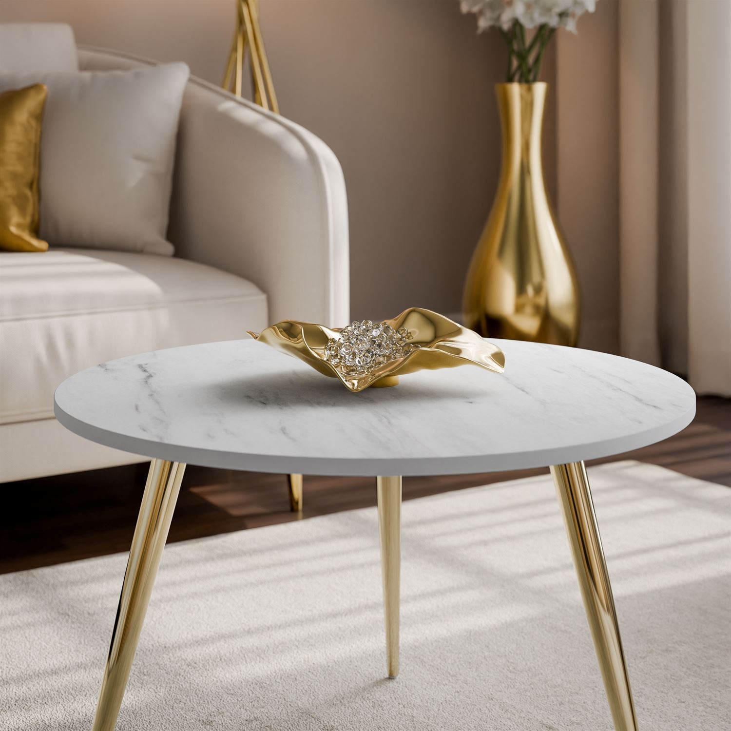 Runder Couchtisch SOLEIL II aus Marmor auf goldenen Beinen