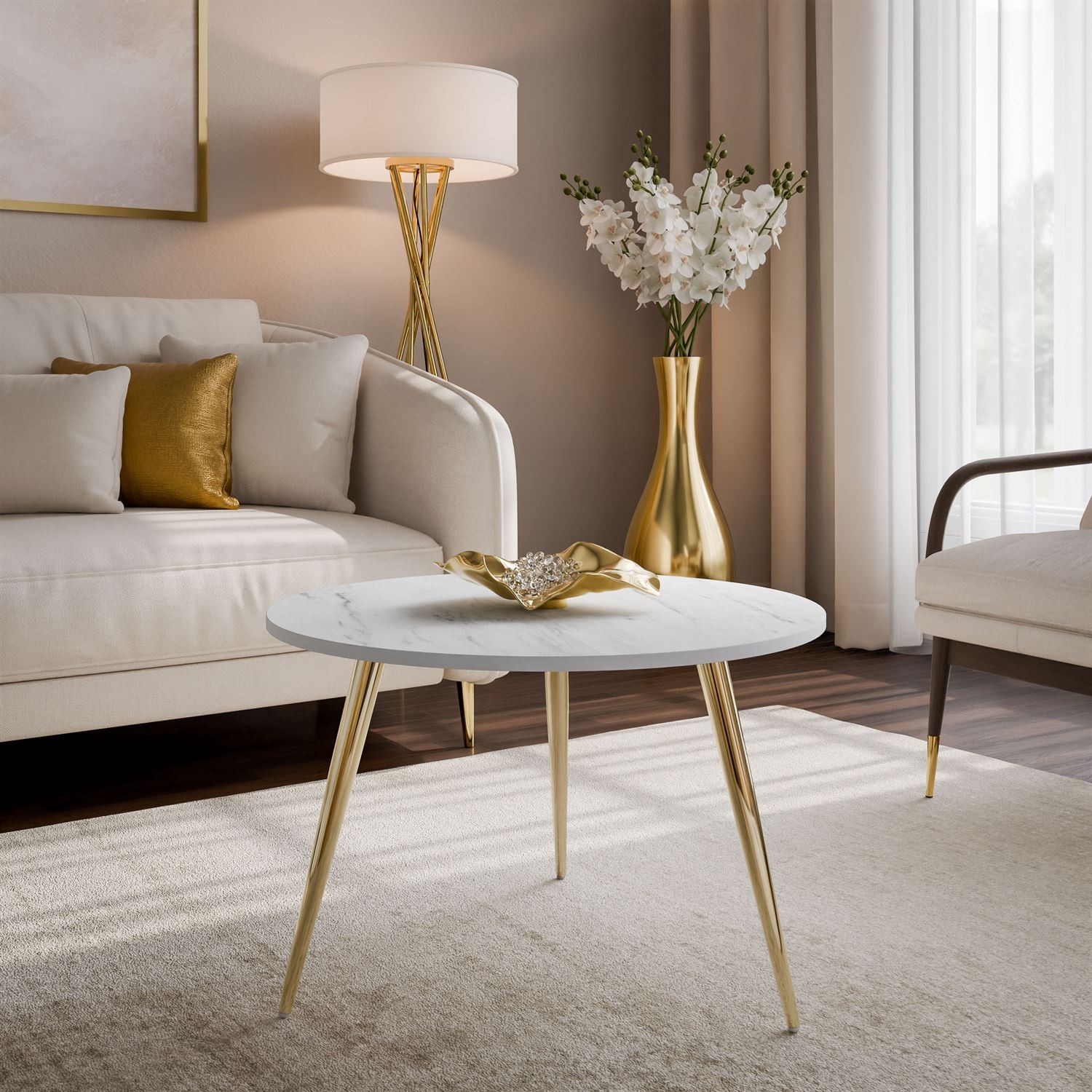 Runder Couchtisch SOLEIL II aus Marmor auf goldenen Beinen