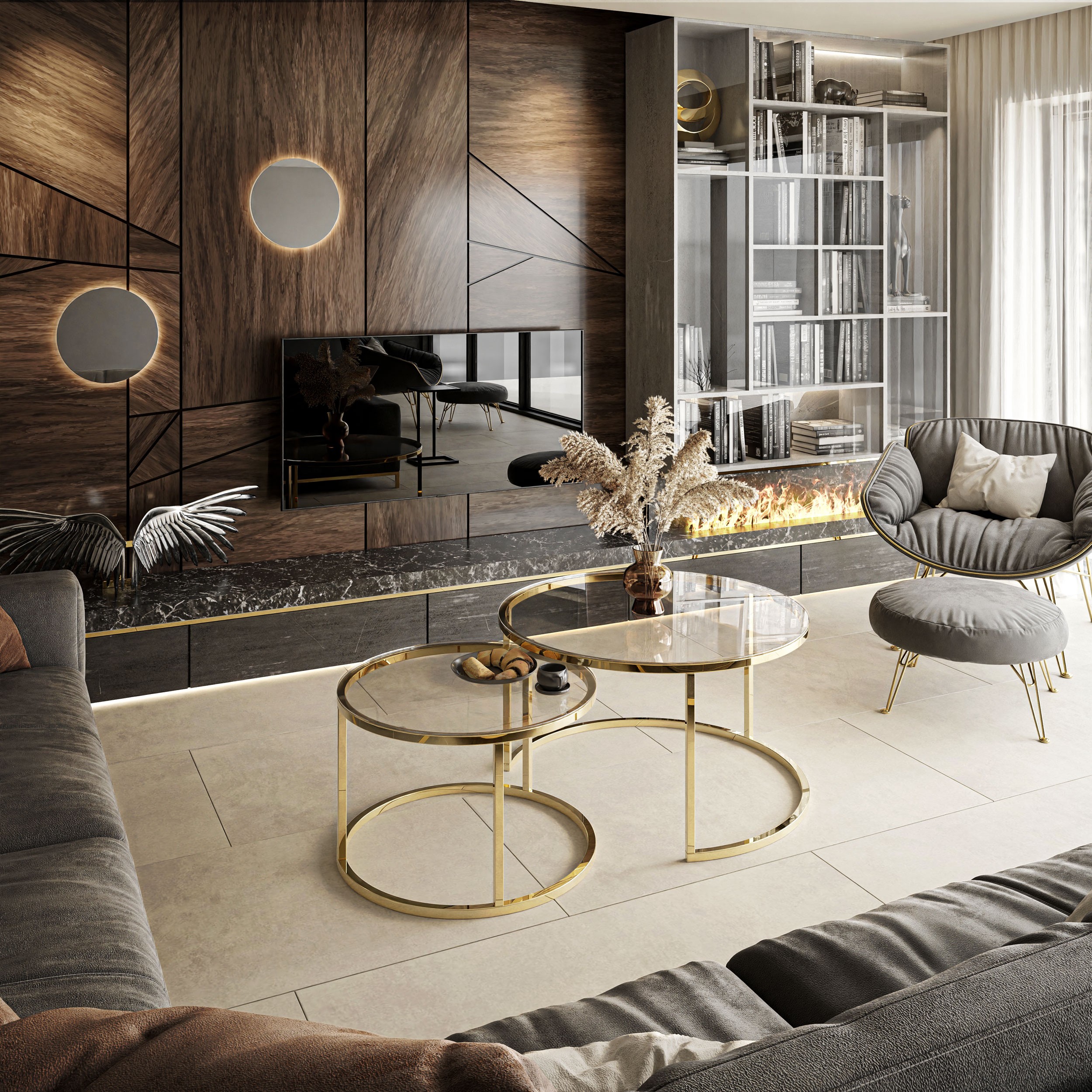 Runder Couchtisch SELAVI 2in1 mit Glasplatte