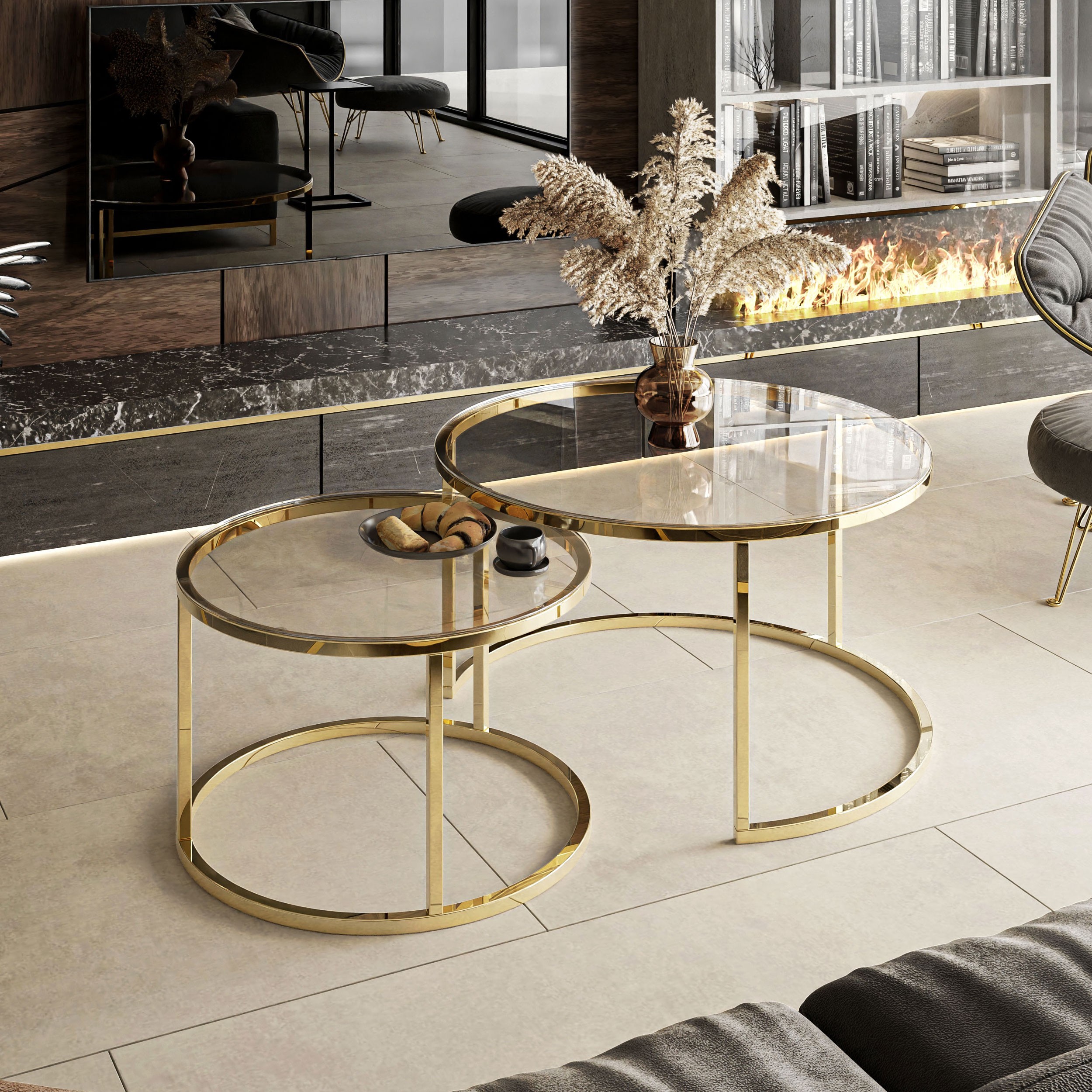 Runder Couchtisch SELAVI 2in1 mit Glasplatte