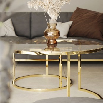 Runder Couchtisch SELAVI 2in1 mit Glasplatte