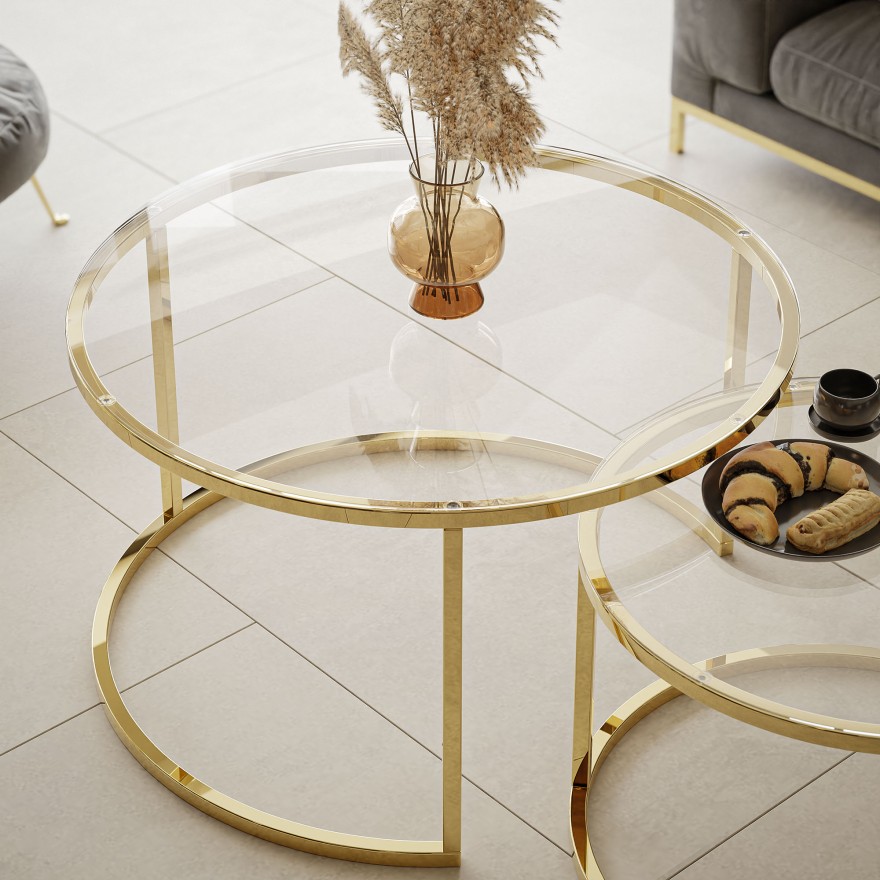 Runder Couchtisch SELAVI 2in1 mit Glasplatte