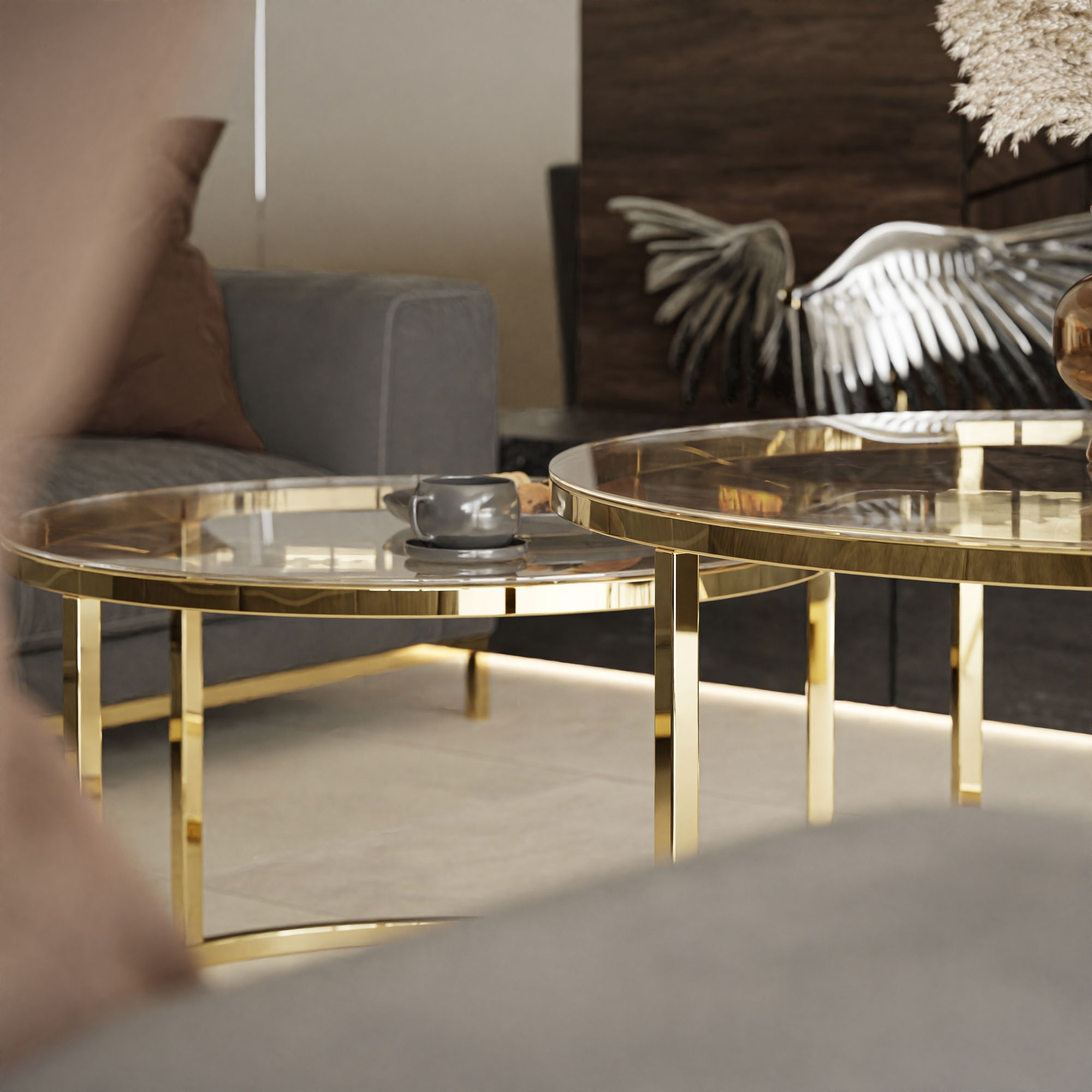 Runder Couchtisch SELAVI 2in1 mit Glasplatte