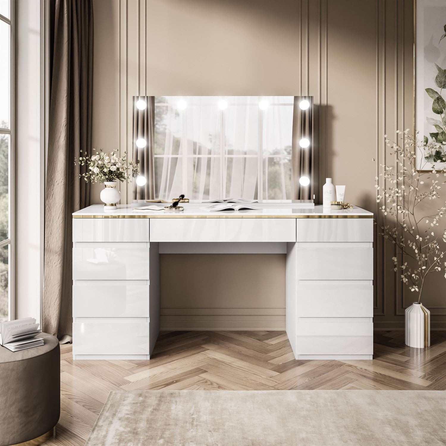 Schminktisch AURORA DOUBLE GOLD, weiß glänzend