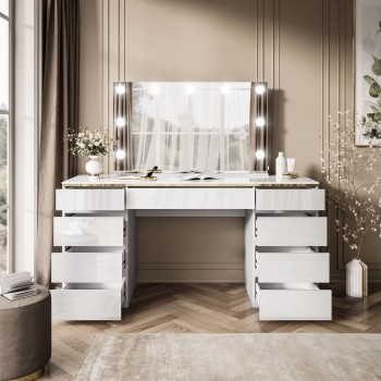 Schminktisch AURORA DOUBLE GOLD, weiß glänzend