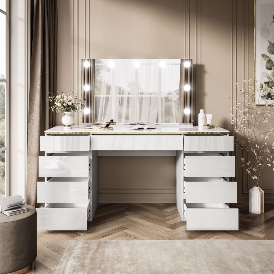 Schminktisch AURORA DOUBLE GOLD, weiß glänzend