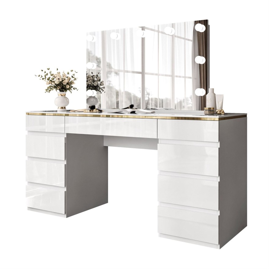 Schminktisch AURORA DOUBLE GOLD, weiß glänzend
