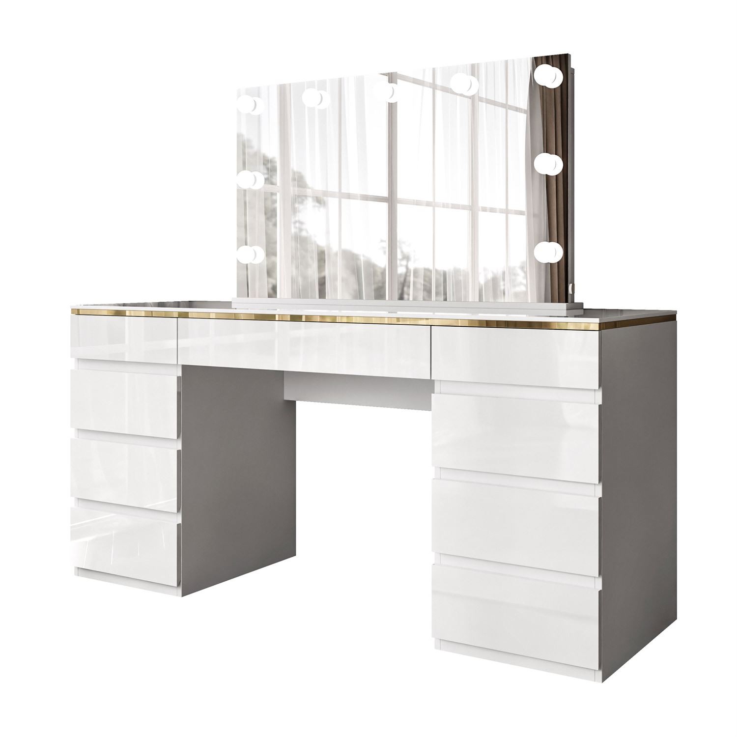 Schminktisch AURORA DOUBLE GOLD, weiß glänzend