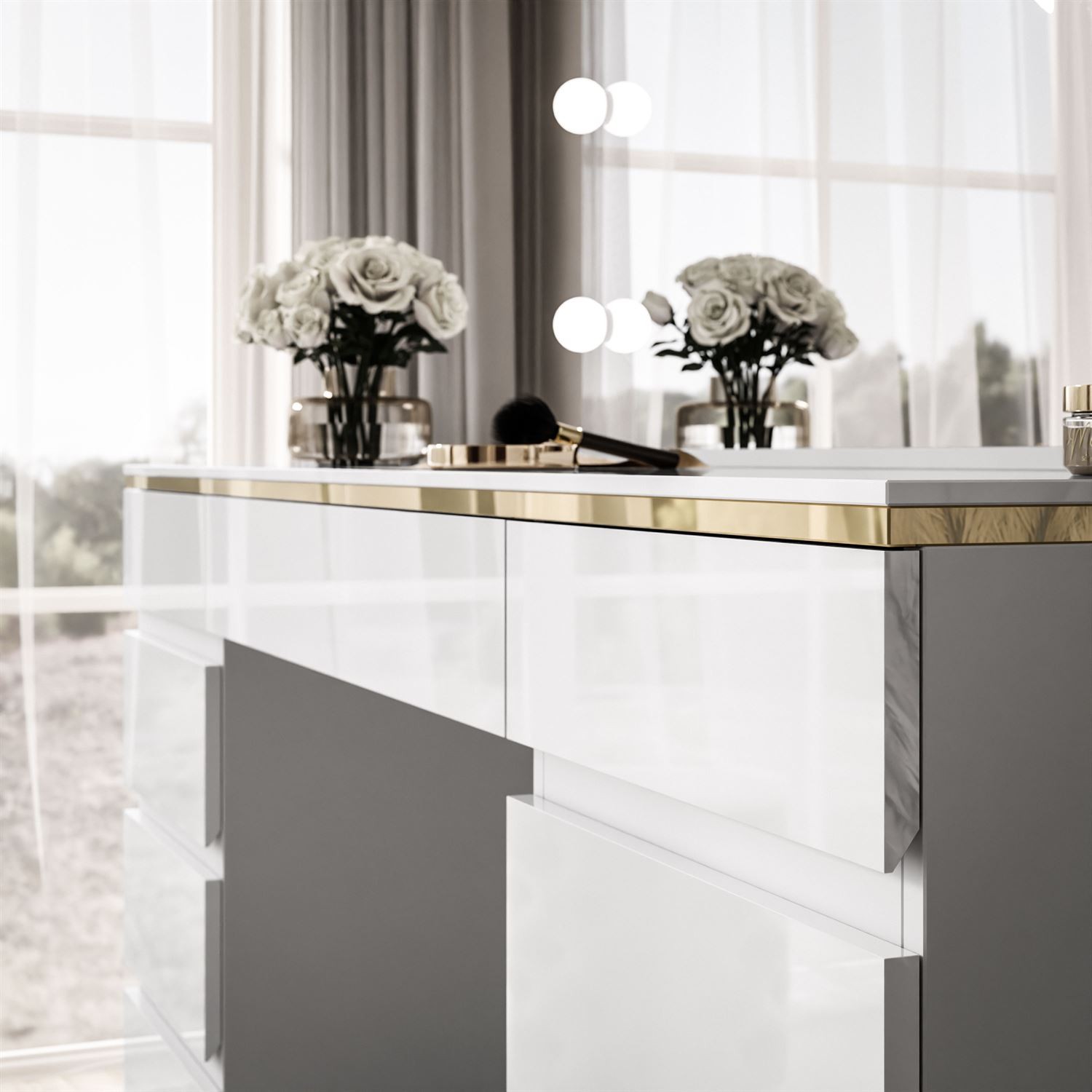 Schminktisch AURORA DOUBLE GOLD, weiß glänzend