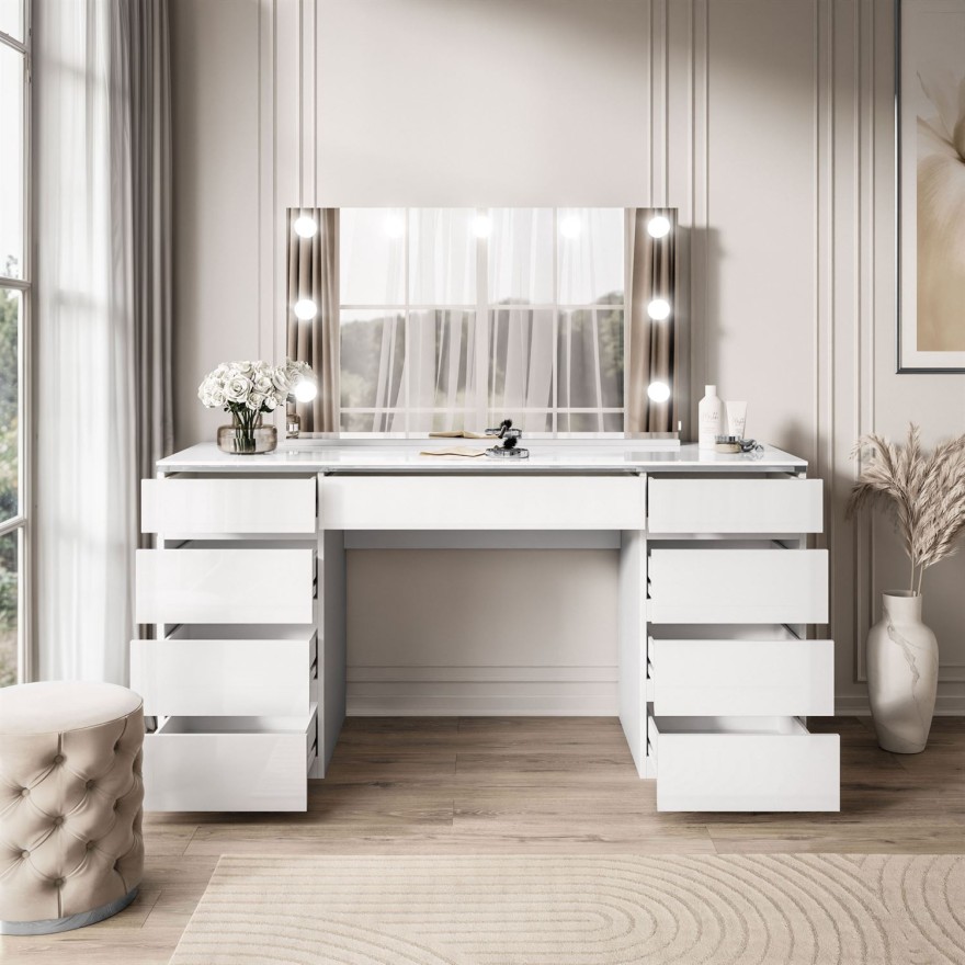 Schminktisch AURORA DOUBLE SILVER, weiß glänzend