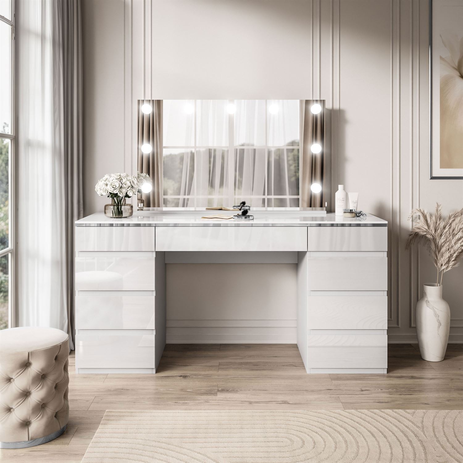 Schminktisch AURORA DOUBLE SILVER, weiß glänzend