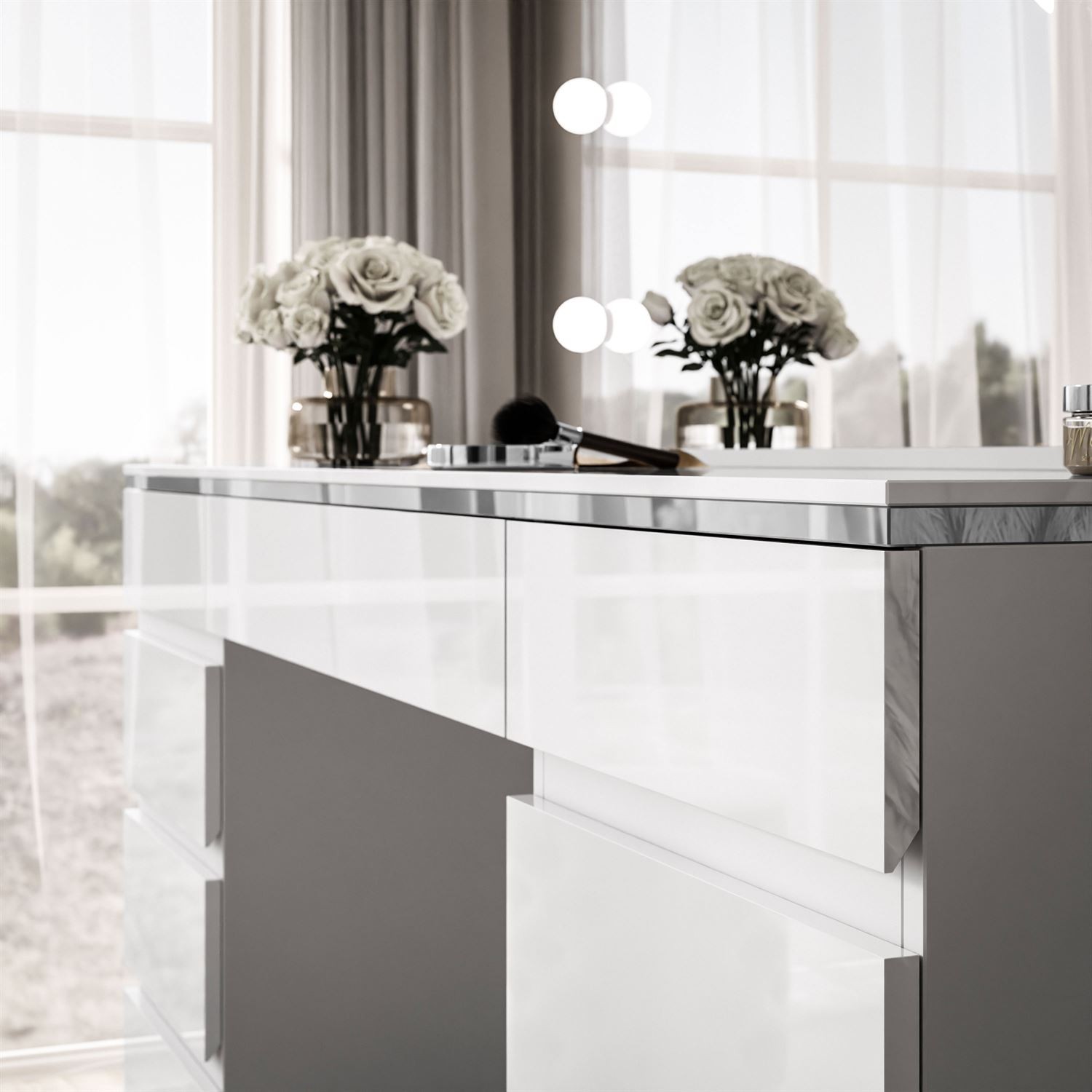 Schminktisch AURORA DOUBLE SILVER, weiß glänzend