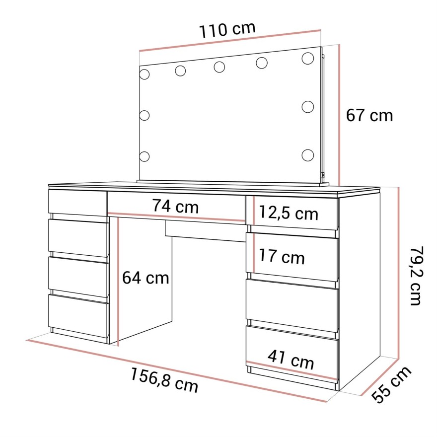 Schminktisch AURORA DOUBLE SILVER, weiß glänzend