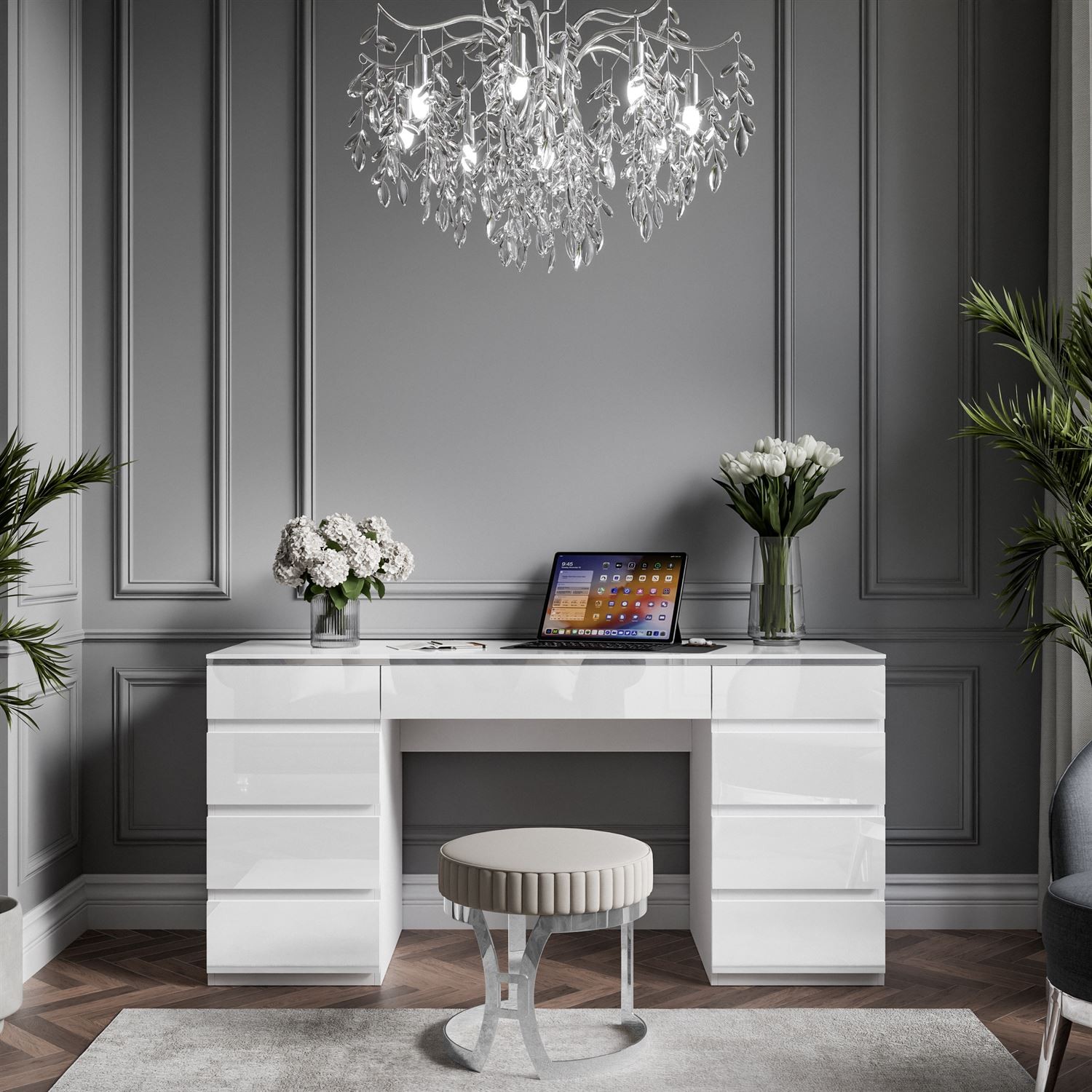 Schreibtisch AURORA DOUBLE SILVER mit Schubladen