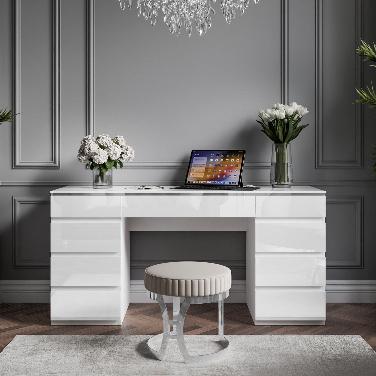 Schreibtisch AURORA DOUBLE SILVER mit Schubladen